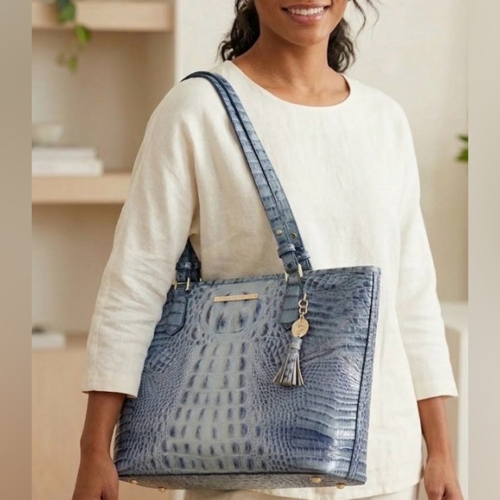 Brahmin 'Melbourne' Large Crocodile-Embossed Leather Shoulder Bag Denim Blue